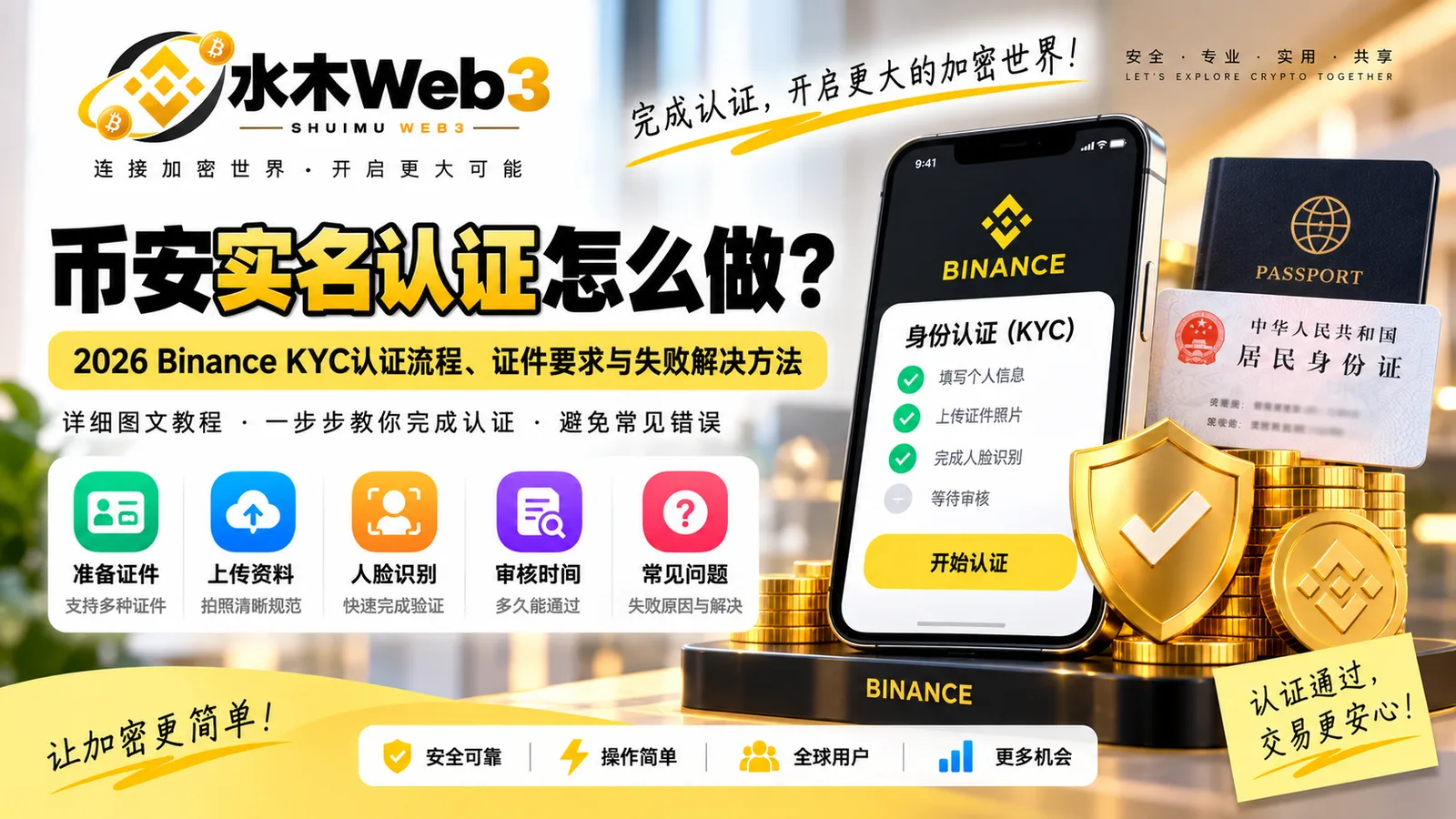 水木Web3-币安实名认证怎么做？本文详细介绍Binance KYC身份认证流程，包括需要准备的身份证件、居住地区、证件上传、人脸识别、地址证明，以及认证失败、审核不通过等常见问题。