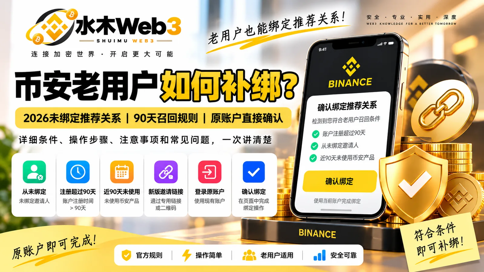 水木Web3-币安老用户以前没有绑定邀请人，并不代表以后一定无法补绑。本文结合2026年最新老用户召回规则，说明账户注册超过90天、近90天未使用、从未绑定推荐关系等条件，以及通过新版邀请入口登录原账户完成绑定的具体流程。