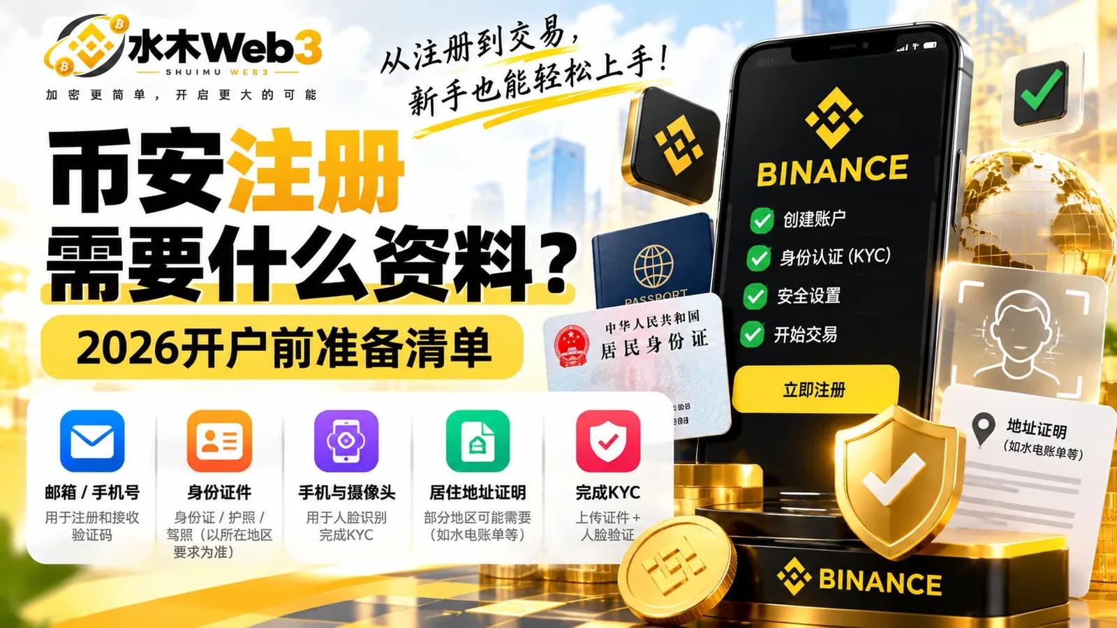 水木Web3——注册币安到底需要身份证、手机号还是地址证明？本文按照创建账户与KYC实名认证两个阶段，整理Binance开户前需要准备的资料和常见注意事项。