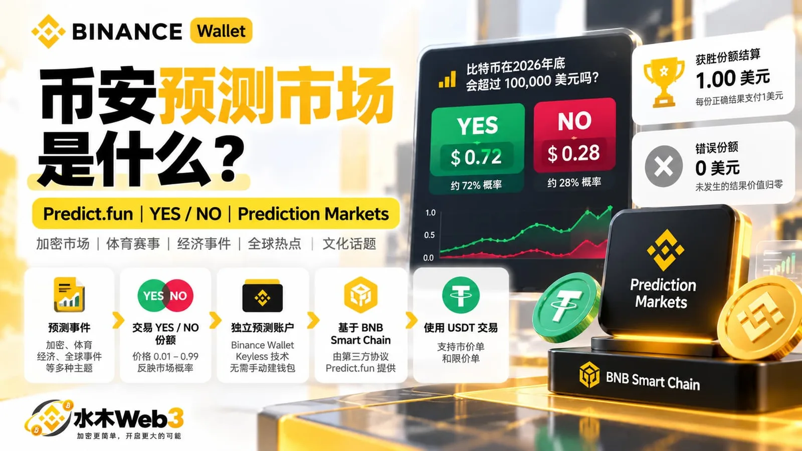 水木Web3-币安预测市场通过Binance Wallet接入Predict.fun，让用户使用YES和NO份额交易加密、体育、经济、全球事件及股票等未来结果。本文从价格概率、Prediction Account、USDT、市价单与限价单，到结算规则、Predict Points和风险，一次讲清2026年币安预测市场的使用逻辑。