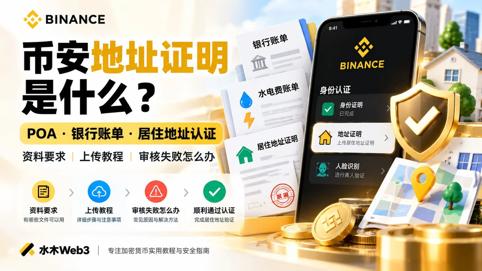 币安要求补充地址证明怎么办？本文介绍POA与KYC区别、可接受的银行账单和水电费账单、不同地区的文件有效期、租房及学生用户的替代材料，以及上传和审核失败的解决办法。